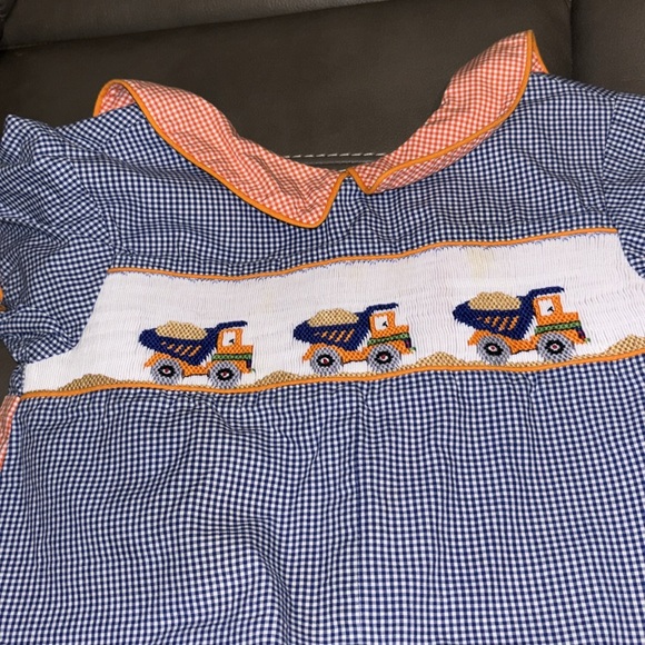 Beaux et Belles navy gingham check one piece with dump trucks on the front smock - Picture 3 of 6